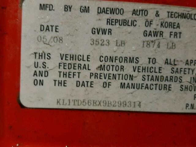 KL1TD56EX9B299314 - 2009 CHEVROLET AVEO LS RED photo 10