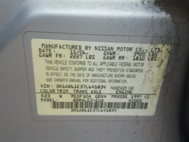 3N1AB61E37L641834 - 2007 NISSAN SENTRA SILVER photo 10