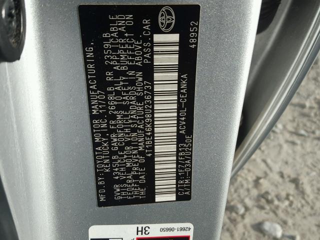 4T1BE46K98U236737 - 2008 TOYOTA CAMRY CE SILVER photo 10