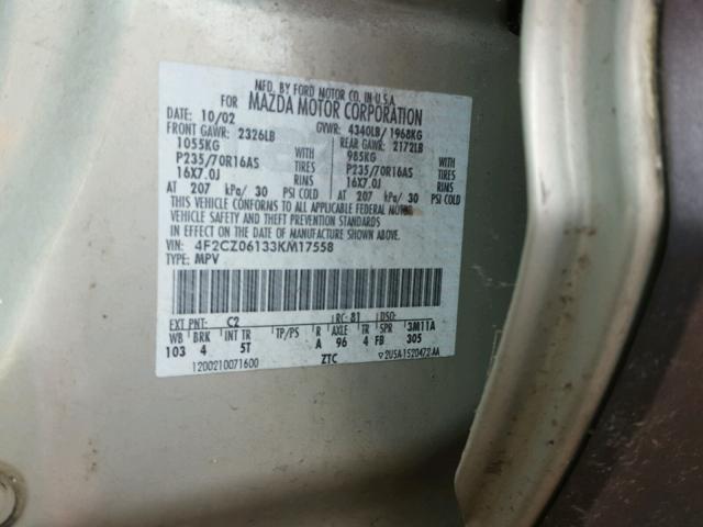 4F2CZ06133KM17558 - 2003 MAZDA TRIBUTE ES 棕色 照片 10