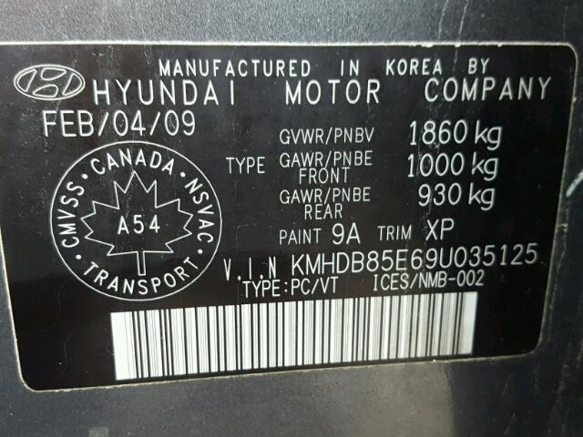 KMHDB85E69U035125 - 2009 HYUNDAI ELANTRA TO GRAY photo 10