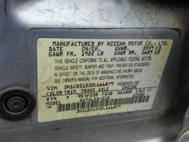 3N1CB51D32L666879 - 2002 NISSAN SENTRA XE SILVER photo 10