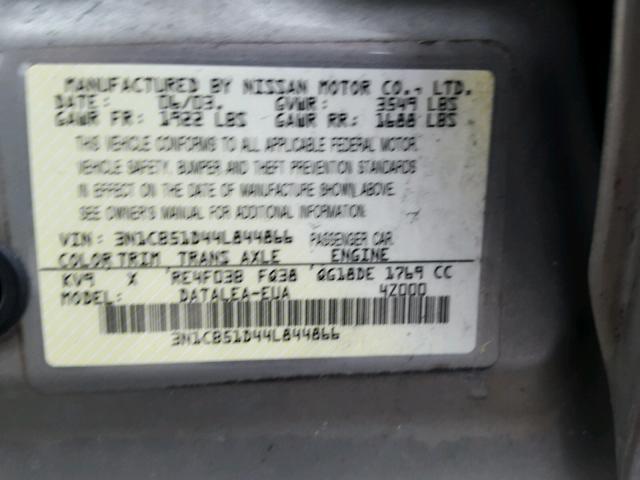 3N1CB51D44L844866 - 2004 NISSAN SENTRA 1.8 SILVER photo 10