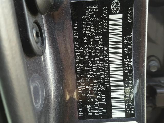 4T1BK1EBXFU183990 - 2015 TOYOTA AVALON XLE GRAY photo 10