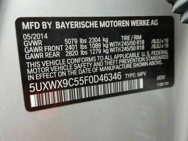 5UXWX9C55F0D46346 - 2015 BMW X3 XDRIVE2 SILVER photo 10