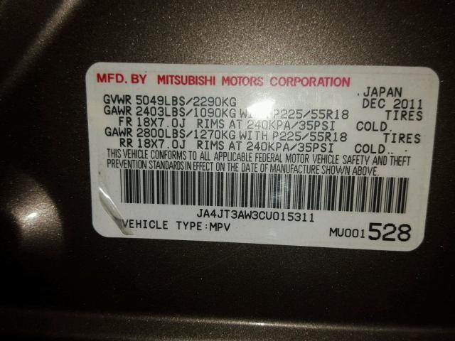 JA4JT3AW3CU015311 - 2012 MITSUBISHI OUTLANDER BROWN photo 10