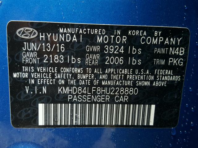 KMHD84LF8HU228880 - 2017 HYUNDAI ELANTRA SE BLUE photo 10