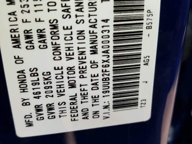 19UUB2F6XJA000314 - 2018 ACURA TLX TECH+A ლურჯი ფოტო 10