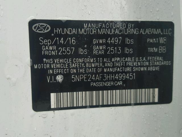 5NPE24AF3HH499451 - 2017 HYUNDAI SONATA SE WHITE photo 10