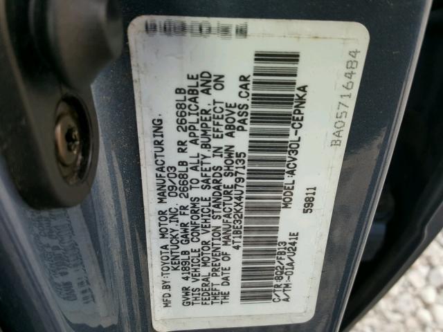 4T1BE32KX4U797135 - 2004 TOYOTA CAMRY LE BLUE photo 10