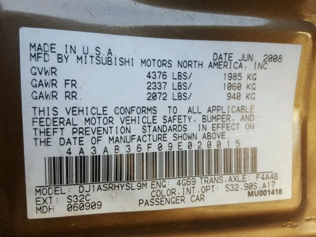 4A3AB36F09E020015 - 2009 MITSUBISHI GALANT ES BROWN photo 10