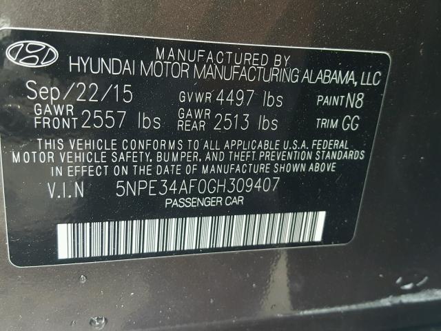 5NPE34AF0GH309407 - 2016 HYUNDAI SONATA SPO BROWN photo 10