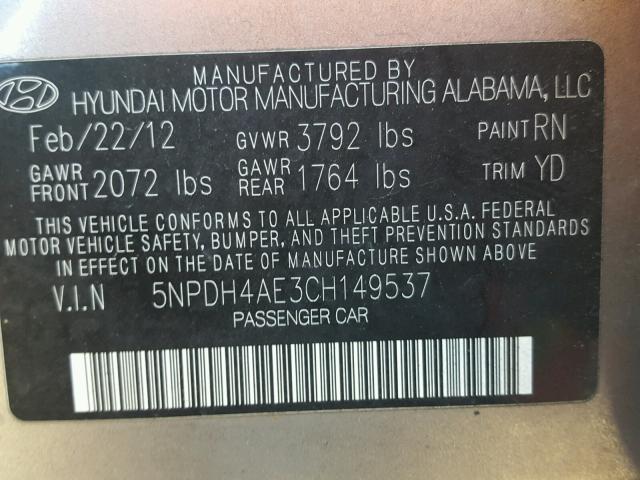 5NPDH4AE3CH149537 - 2012 HYUNDAI ELANTRA GL TAN photo 10