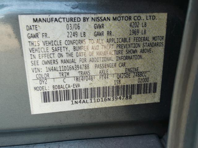 1N4AL11D16N394788 - 2006 NISSAN ALTIMA S GREEN photo 10