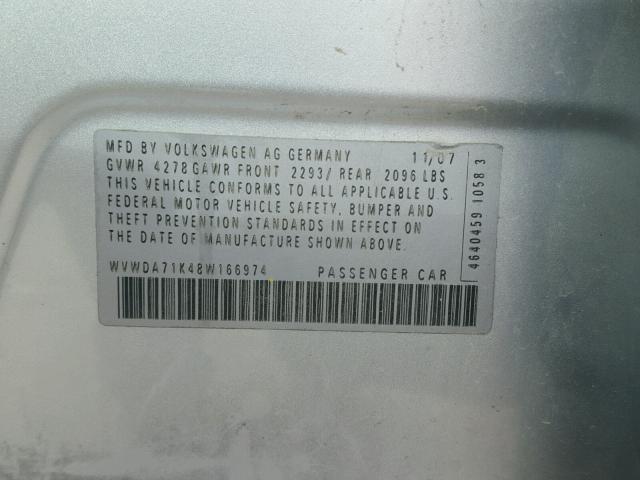 WVWDA71K48W166974 - 2008 VOLKSWAGEN RABBIT SILVER photo 10