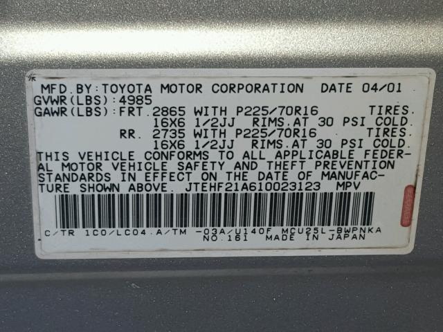 JTEHF21A610023123 - 2001 TOYOTA HIGHLANDER SILVER photo 10