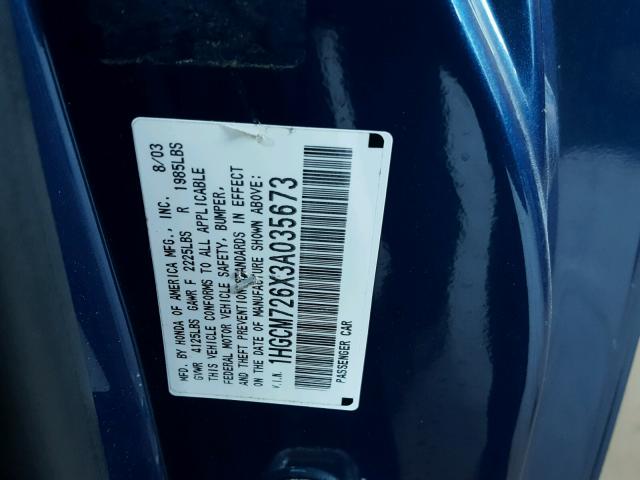 1HGCM726X3A035673 - 2003 HONDA ACCORD EX BLUE photo 10