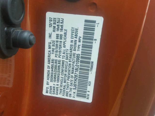 5J6YH28718L010985 - 2008 HONDA ELEMENT EX ORANGE photo 10