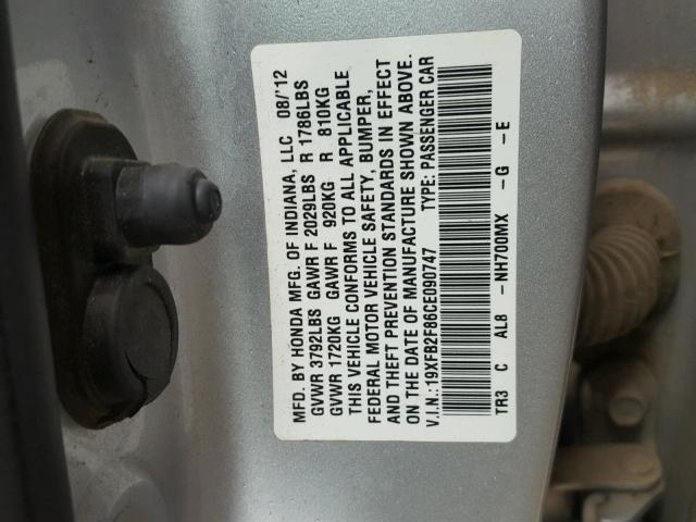 19XFB2F86CE090747 - 2012 HONDA CIVIC SILVER photo 10