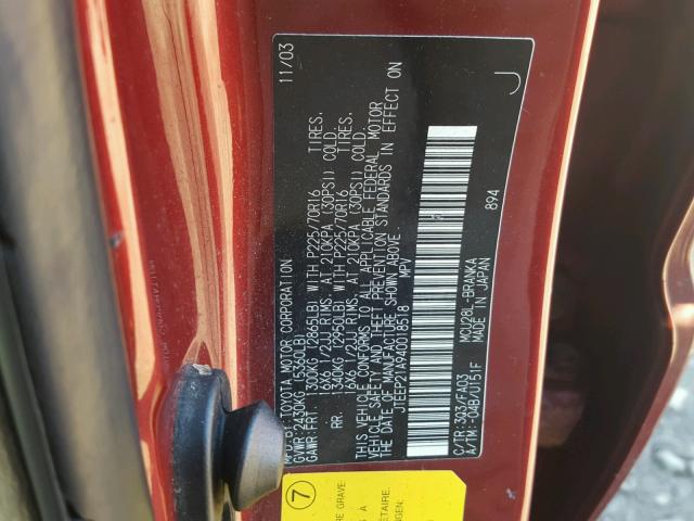 JTEEP21A940018518 - 2004 TOYOTA HIGHLANDER RED photo 10