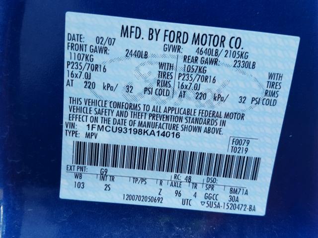 1FMCU93198KA14016 - 2008 FORD ESCAPE XLT BLUE photo 10