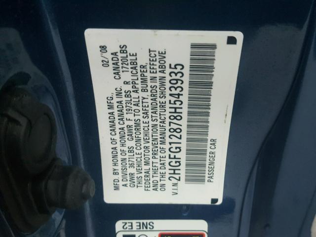 2HGFG12878H543935 - 2008 HONDA CIVIC EX BLUE photo 10