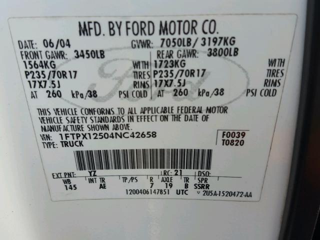 1FTPX12504NC42658 - 2004 FORD F150 WHITE photo 10