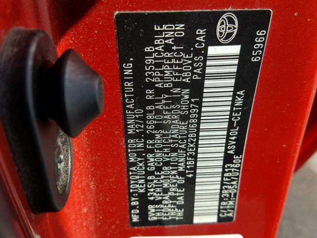 4T1BF3EK2BU689971 - 2011 TOYOTA CAMRY BASE RED photo 10