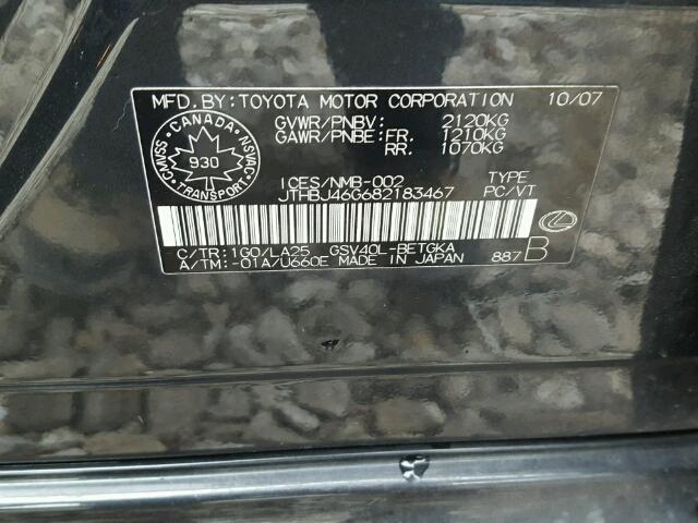 JTHBJ46G682183467 - 2008 LEXUS ES 350 GRAY photo 10