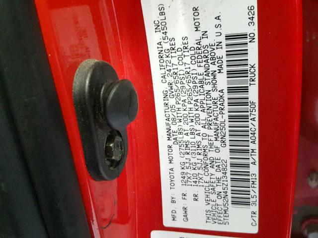 5TEMU52N45Z134822 - 2005 TOYOTA TACOMA DOU RED photo 10