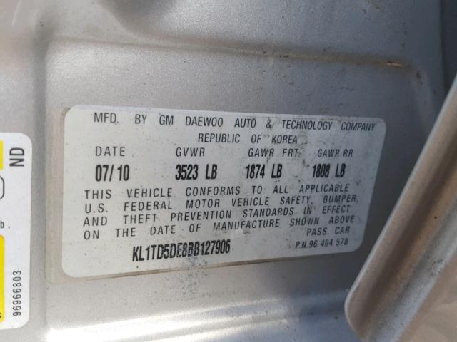 KL1TD5DE8BB127906 - 2011 CHEVROLET AVEO LS SILVER photo 10