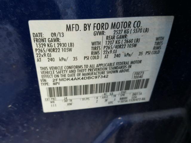 2FMDK4AK4DBC97342 - 2013 FORD EDGE SPORT BLUE photo 10