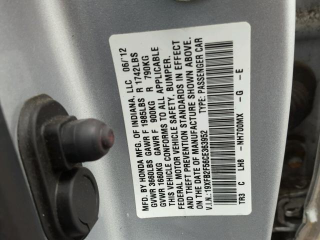 19XFB2F56CE363952 - 2012 HONDA CIVIC SILVER photo 10