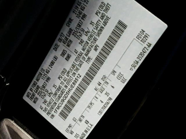 1FMCU9GD5HUE89512 - 2017 FORD ESCAPE SE 黑色 照片 10