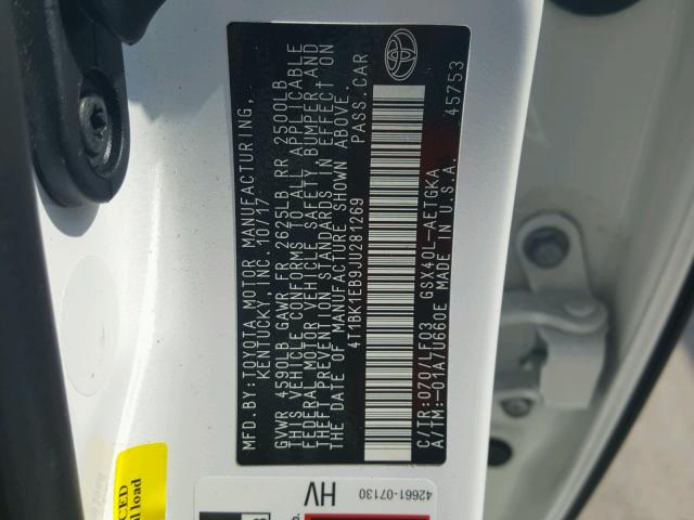 4T1BK1EB9JU281269 - 2018 TOYOTA AVALON XLE WHITE photo 10