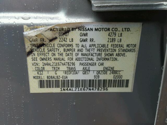 1N4AL21E67N478296 - 2007 NISSAN ALTIMA 2.5 SILVER photo 10