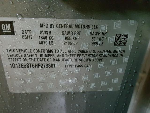 1G1ZE5ST5HF279301 - 2017 CHEVROLET MALIBU LT GRAY photo 10