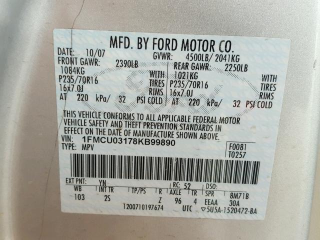 1FMCU03178KB99890 - 2008 FORD ESCAPE XLT SILVER photo 10