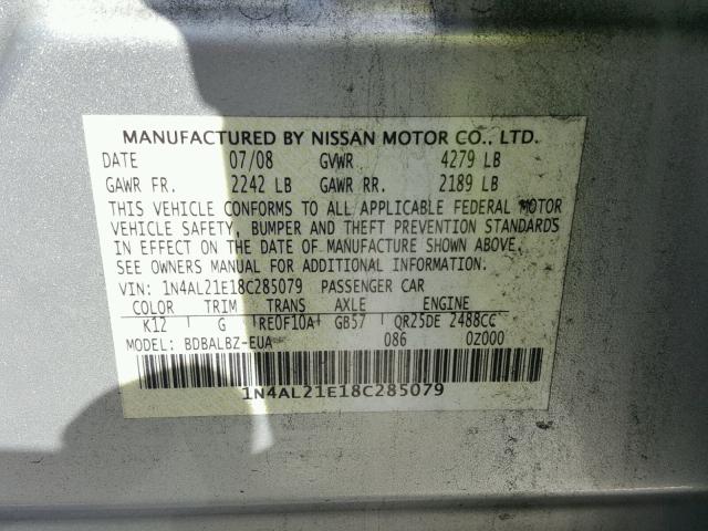 1N4AL21E18C285079 - 2008 NISSAN ALTIMA 2.5 SILVER photo 10