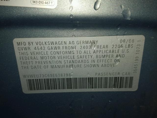 WVWEU73C69E518798 - 2009 VOLKSWAGEN CC GRAY photo 10