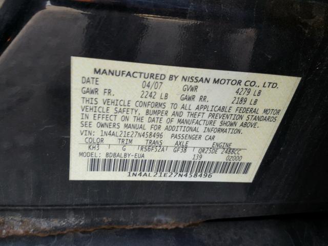 1N4AL21E27N458496 - 2007 NISSAN ALTIMA 2.5 BLACK photo 10