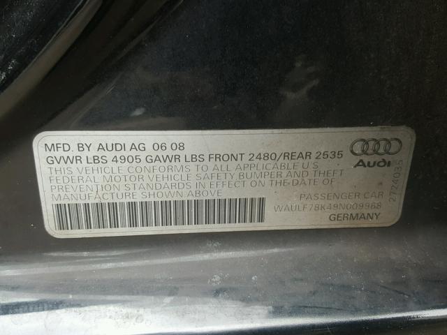 WAULF78K49N009968 - 2009 AUDI A4 2.0T QU BLACK photo 10