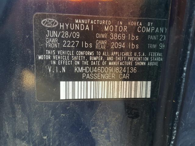 KMHDU46D09U824136 - 2009 HYUNDAI ELANTRA GL BLUE photo 10