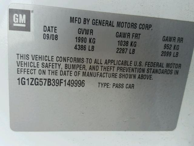 1G1ZG57B39F149996 - 2009 CHEVROLET MALIBU LS Ağ foto 10