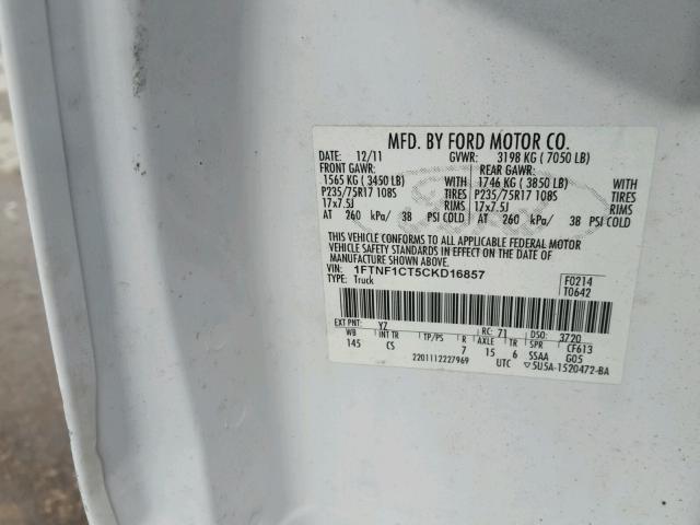 1FTNF1CT5CKD16857 - 2012 FORD F150 WHITE photo 10