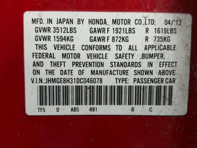 JHMGE8H31DC046078 - 2013 HONDA FIT RED photo 10
