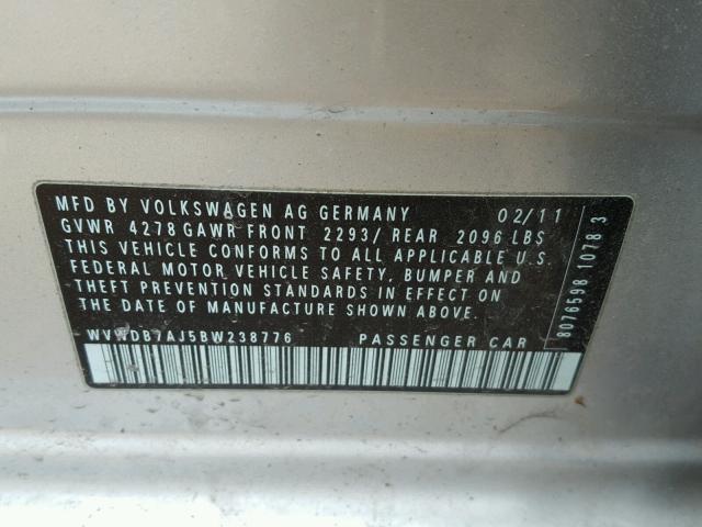 WVWDB7AJ5BW238776 - 2011 VOLKSWAGEN GOLF 银色 照片 10