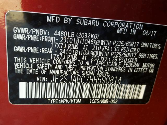 JF2SJABC7HH590814 - 2017 SUBARU FORESTER 2 RED photo 10