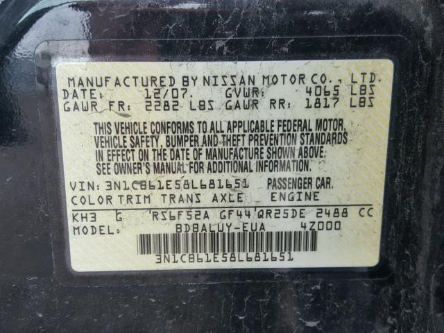 3N1CB61E58L681651 - 2008 NISSAN SENTRA SE- BLACK photo 10