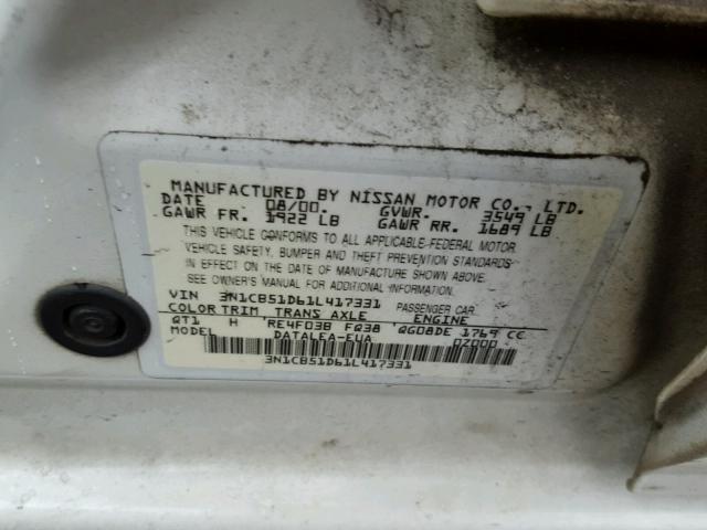 3N1CB51D61L417331 - 2001 NISSAN SENTRA XE WHITE photo 10